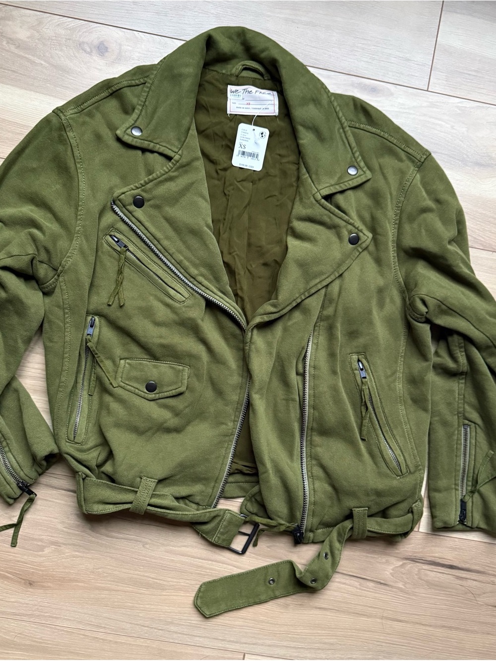 We The Free Olive Green Suede-Effect Biker Bomber Jacket
